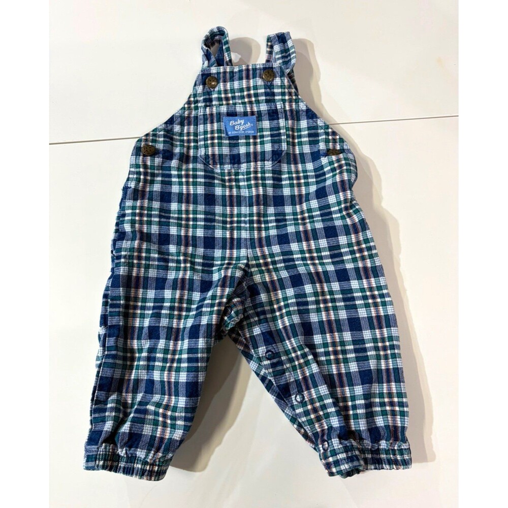 Vintage OshKosh Blue Green White Plaid Cotton Bib Overalls One-Piece 12m